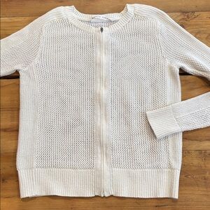 ATHLETA M White Loose Knit Zip Up Sweater Crew Neck Cotton/Nylon